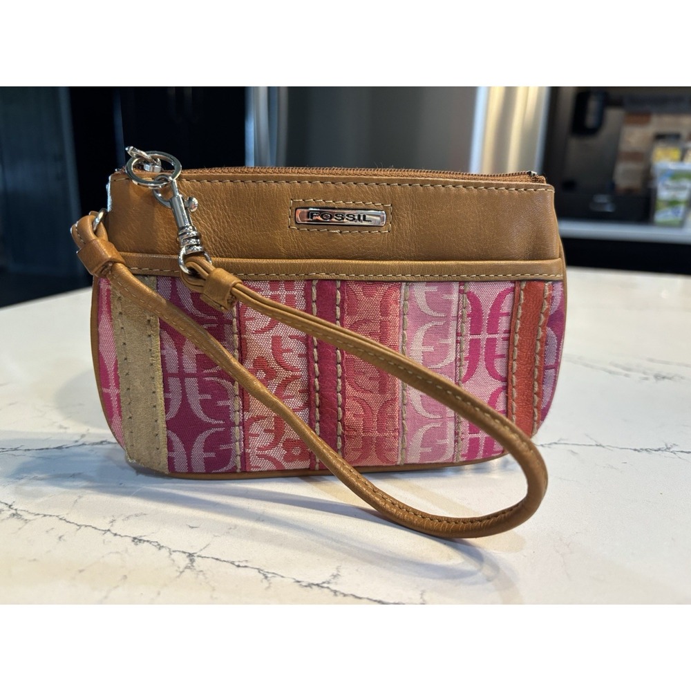 Fossil Wallet Trifold Canvas‎ Monogram Brown Leather Vtg MINT!